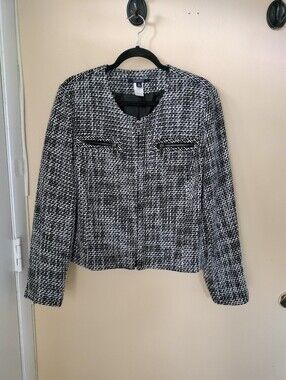 Chadwicks Classic Zip Black White Tweed Blazer Jacket 16 Office Sophisticated